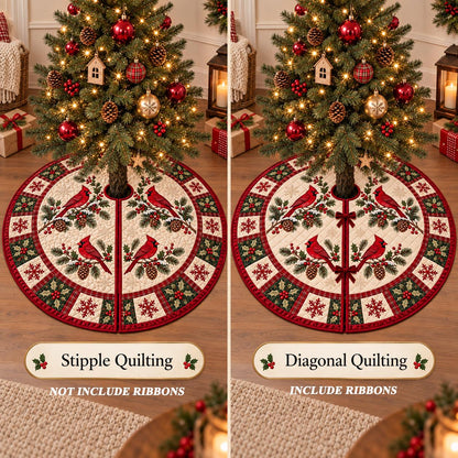 May include: A circular Christmas tree skirt featuring a cream-colored center with red cardinal birds perched on pine branches. The border displays a red and green plaid pattern with snowflake motifs. One version shows stipple quilting without ribbons.