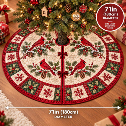 May include: A round Christmas tree skirt with a 71-inch diameter, featuring a cream-colored center with four red cardinal birds perched on pine branches with pinecones. The border has a red and green plaid pattern with holly and snowflake motifs.