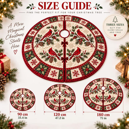 May include: A round Christmas tree skirt featuring a cream-colored center with red cardinal birds, pine branches, and pinecones. The border has a red and green plaid pattern with snowflake and holly motifs. Available in 90 cm, 120 cm, and 180 cm sizes.