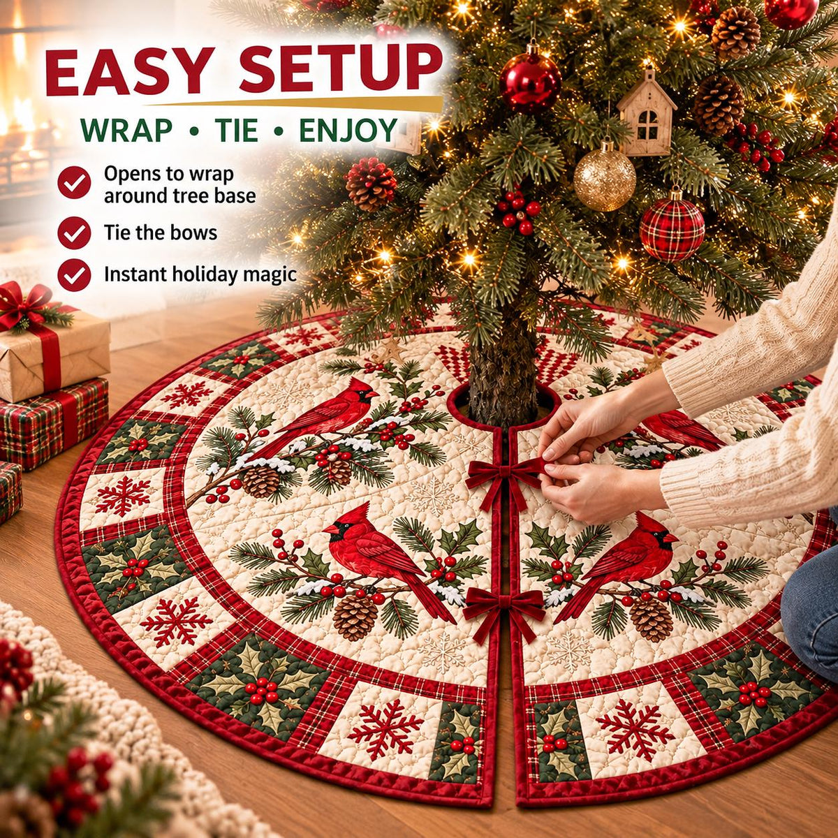 May include: A circular quilted Christmas tree skirt featuring a cream-colored center with red cardinal birds, pinecones, and holly branches. The border has a red and green plaid pattern with snowflake and holly motifs, secured by red velvet bows.