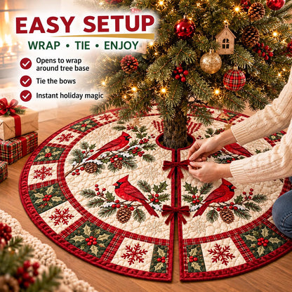 May include: A circular quilted Christmas tree skirt featuring a cream-colored center with red cardinal birds, pinecones, and holly branches. The border has a red and green plaid pattern with snowflake and holly motifs, secured by red velvet bows.