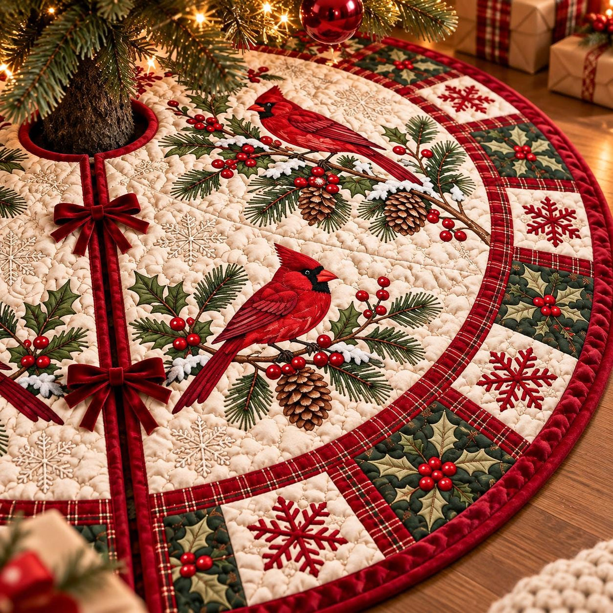 May include: A circular quilted Christmas tree skirt featuring a cream-colored base with red cardinal birds, pine branches, pinecones, and holly berries. The border consists of alternating squares with red snowflakes and green holly leaves, finished with red velvet bows.
