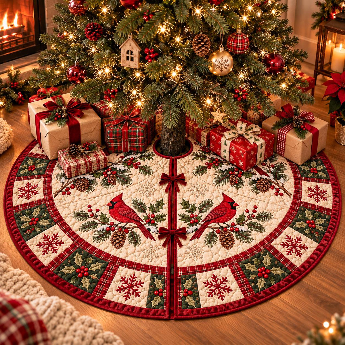 May include: A round quilted Christmas tree skirt featuring a cream-colored center with two red cardinal birds perched on pine branches with pinecones and holly berries. The border has a red and green plaid pattern with snowflake and holly motifs.