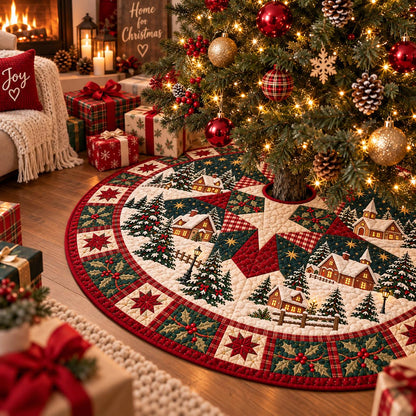 May include: A circular quilted Christmas tree skirt featuring a festive winter village scene with snow-covered houses, pine trees, and fences. The design includes a red and green plaid border with holly berry accents and a large central star pattern.