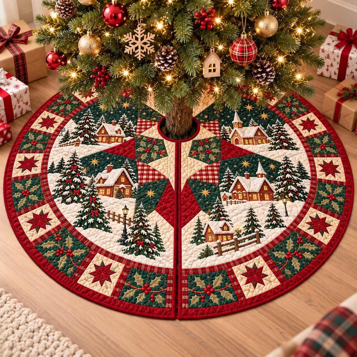 May include: A circular quilted Christmas tree skirt featuring a festive winter village scene with snow-covered houses, evergreen trees, and street lamps. The design includes a red and green border with star patterns and holly berry motifs.