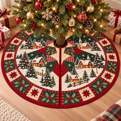 May include: A circular quilted Christmas tree skirt featuring a festive winter village scene with snow-covered houses, evergreen trees, and street lamps. The design includes a red and green border with star patterns and holly berry motifs.