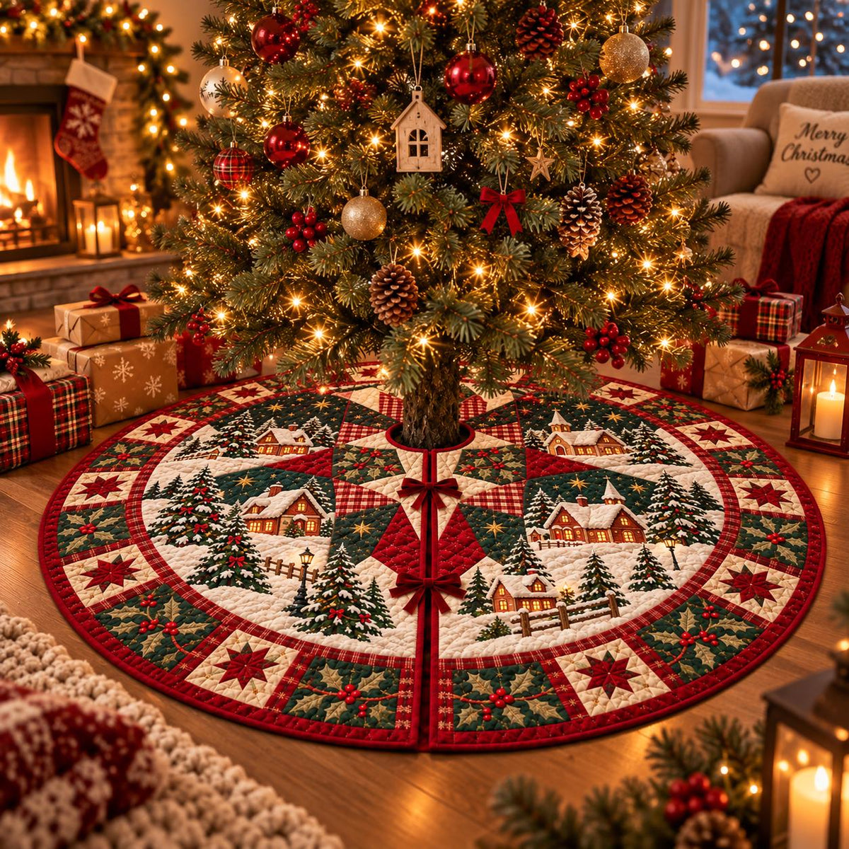 May include: A round Christmas tree skirt featuring a quilted patchwork design with a winter village scene. The fabric displays snow-covered houses, evergreen trees, and red holly berries, accented by a red and green star-patterned border.
