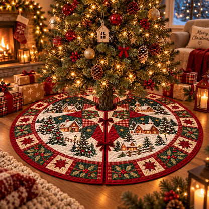 May include: A round Christmas tree skirt featuring a quilted patchwork design with a winter village scene. The fabric displays snow-covered houses, evergreen trees, and red holly berries, accented by a red and green star-patterned border.