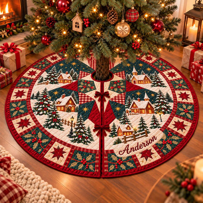 May include: A circular quilted Christmas tree skirt featuring a winter village scene with snow-covered houses, pine trees, and holly berry patterns. The design includes red, green, and white colors with the name Anderson embroidered in script.