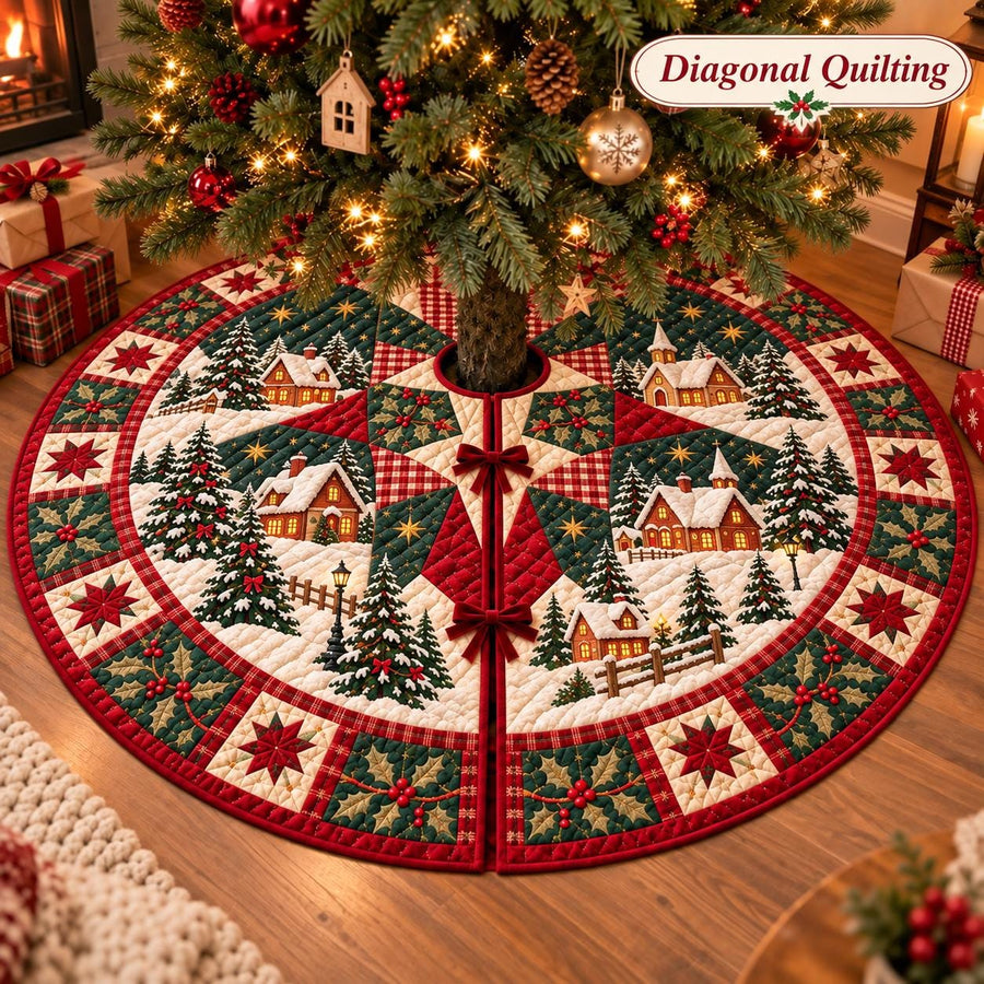 Christmas village quilted tree skirt with red green patchwork and snowy cottages