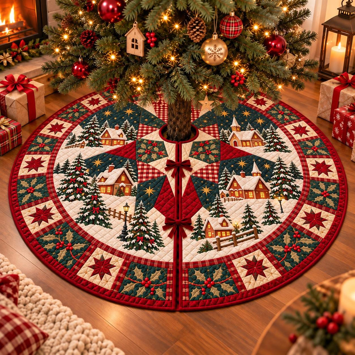 May include: A round quilted Christmas tree skirt featuring a festive winter village scene with snow-covered houses, evergreen trees, and a church. The design includes a red, green, and cream patchwork border with star and holly berry motifs.