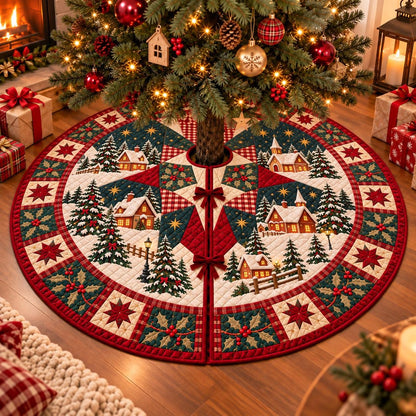 May include: A round quilted Christmas tree skirt featuring a festive winter village scene with snow-covered houses, evergreen trees, and a church. The design includes a red, green, and cream patchwork border with star and holly berry motifs.