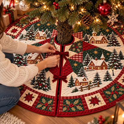 May include: A circular quilted Christmas tree skirt featuring a festive winter village scene with snow-covered houses, evergreen trees, and holly berry patterns in shades of deep green, red, and cream, secured with dark red velvet ribbon bows.