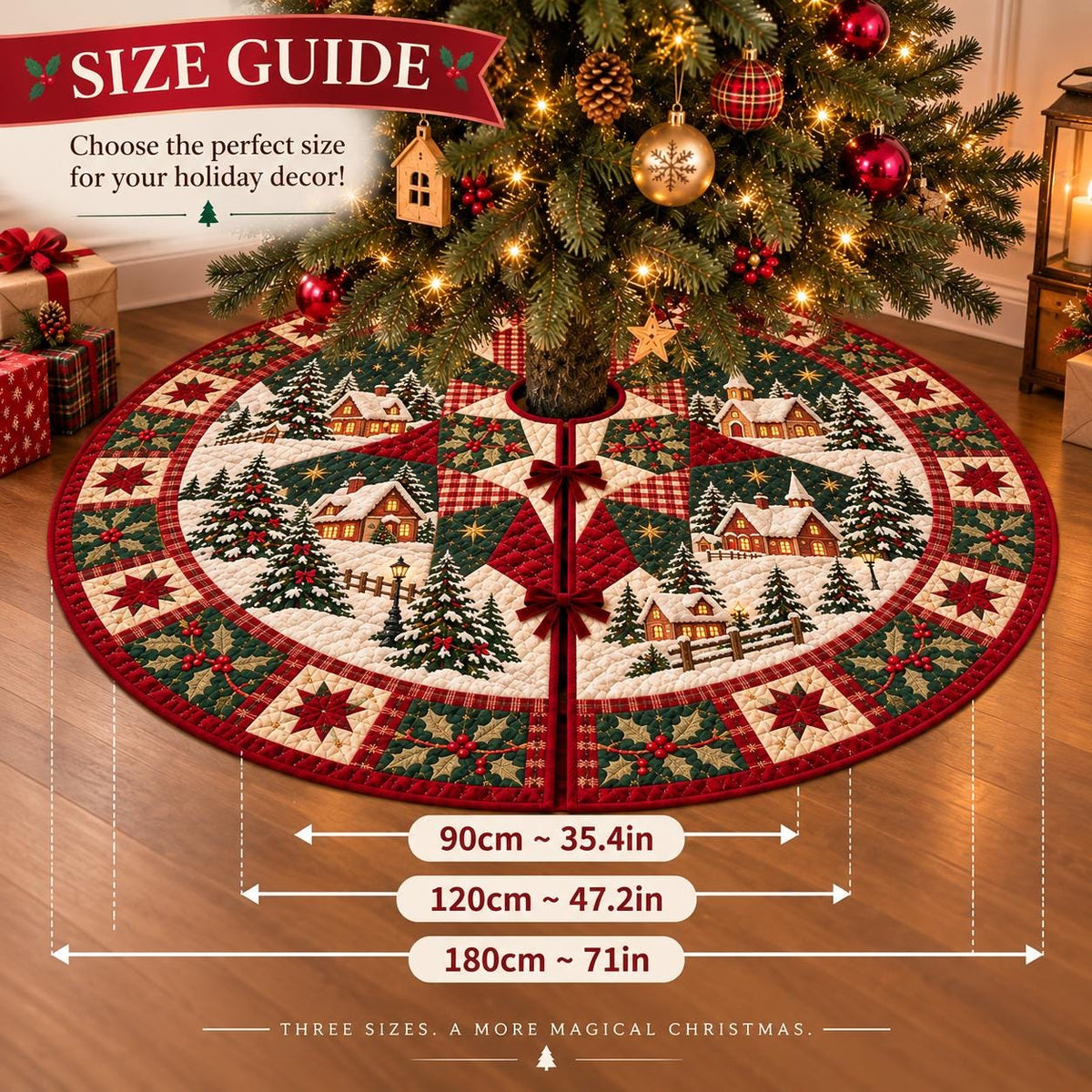 May include: A circular quilted Christmas tree skirt featuring a winter village scene with snow-covered houses, pine trees, and holly patterns. The text reads SIZE GUIDE, Choose the perfect size for your holiday decor!, 90cm ~ 35.4in, 120cm ~ 47.2in, 180cm ~ 71in, THREE SIZES, A MORE MAGICAL CHRISTMAS.
