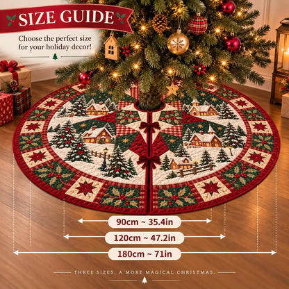 May include: A circular quilted Christmas tree skirt featuring a winter village scene with snow-covered houses, pine trees, and holly patterns. The text reads SIZE GUIDE, Choose the perfect size for your holiday decor!, 90cm ~ 35.4in, 120cm ~ 47.2in, 180cm ~ 71in, THREE SIZES, A MORE MAGICAL CHRISTMAS.