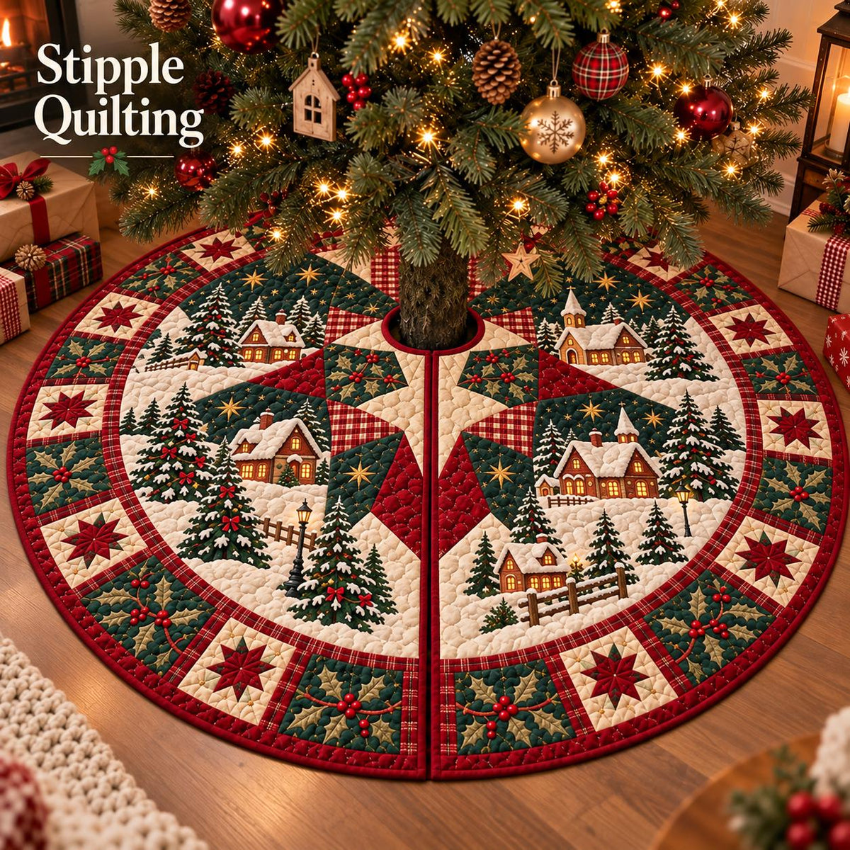 May include: A circular quilted Christmas tree skirt featuring a festive winter village scene with snow-covered houses, evergreen trees, and street lamps. The design includes red, green, and cream star patterns with holly berry accents and text.