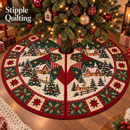 May include: A circular quilted Christmas tree skirt featuring a festive winter village scene with snow-covered houses, evergreen trees, and street lamps. The design includes red, green, and cream star patterns with holly berry accents and text.