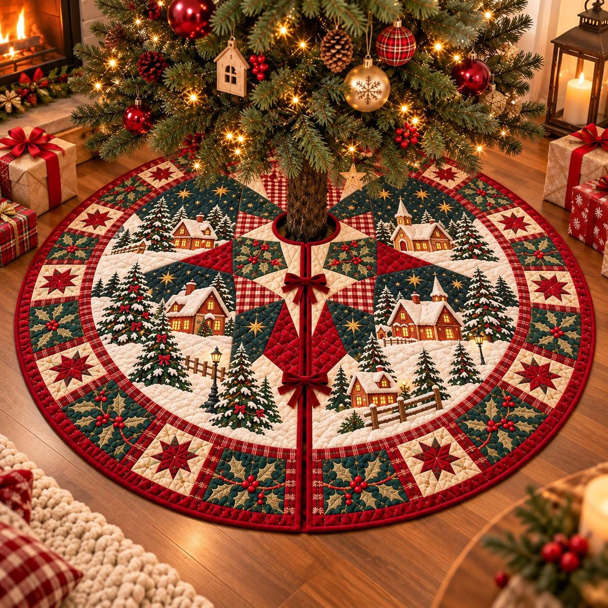 May include: A circular quilted Christmas tree skirt featuring a winter village scene with snow-covered houses, evergreen trees, and a church. The design includes a red, green, and white color palette with star and holly patterns and two red bows.