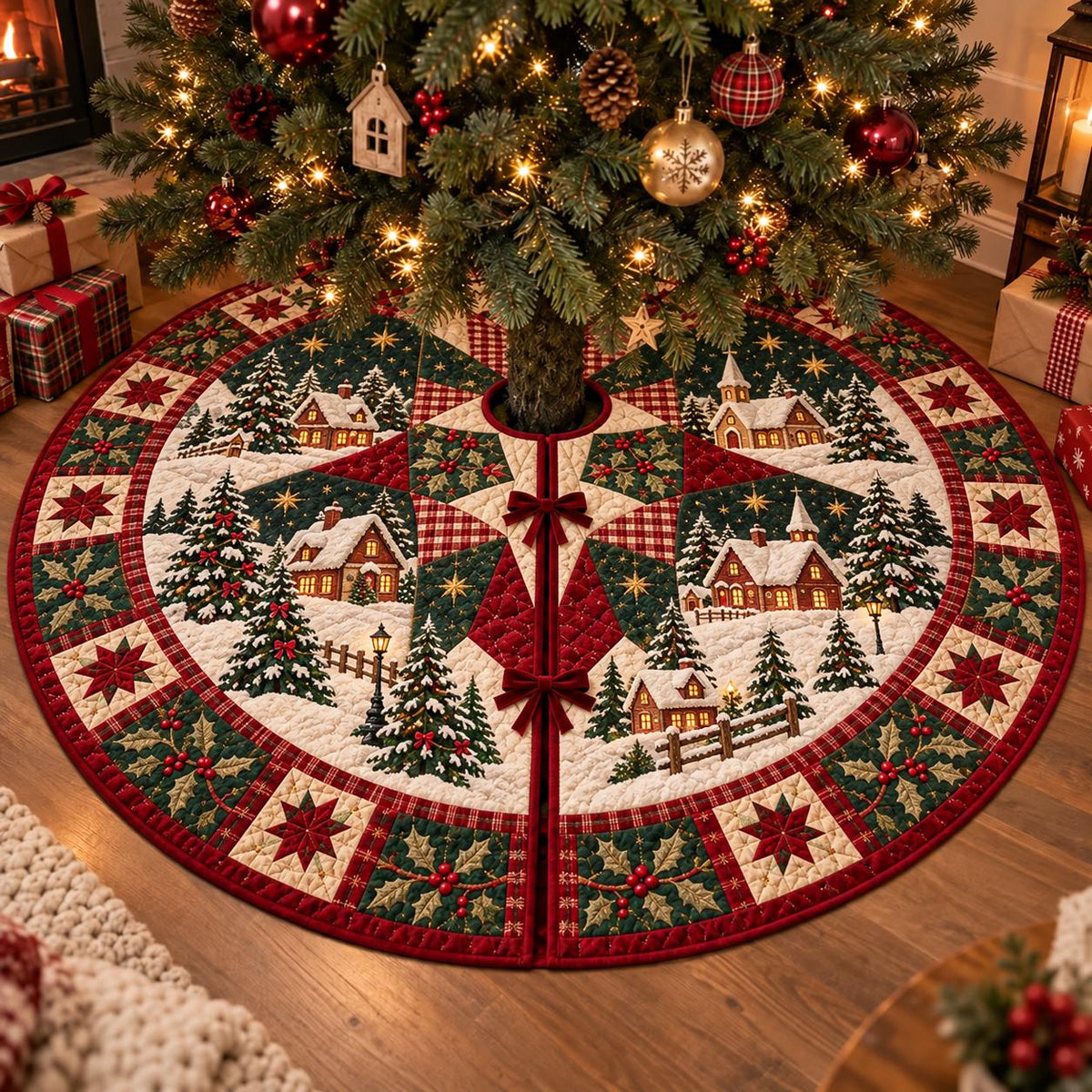 May include: A circular Christmas tree skirt featuring a quilted patchwork design with a winter village scene. The fabric displays snow-covered houses, evergreen trees, and lampposts, bordered by red and green holly patterns and star motifs.
