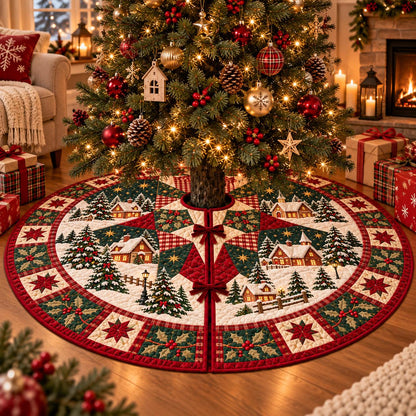 May include: A circular quilted Christmas tree skirt featuring a festive winter village scene with snow-covered houses, evergreen trees, and a border of red and green holly leaves, stars, and plaid patterns, secured with two dark red fabric bows.