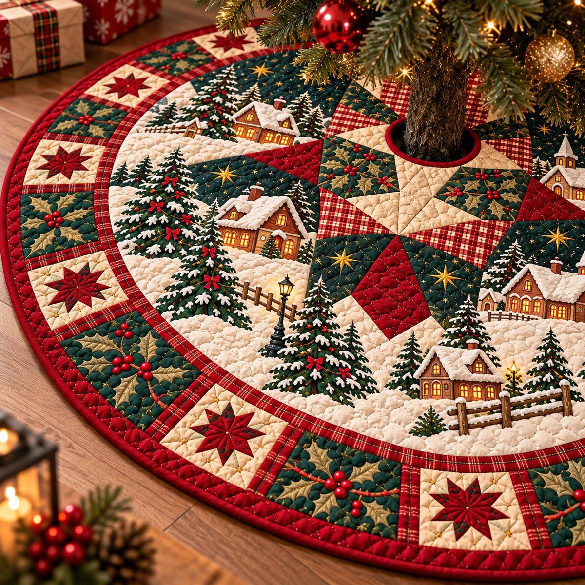May include: A circular quilted Christmas tree skirt featuring a winter village scene with snow-covered houses, evergreen trees, and a fence. The border displays a repeating pattern of red stars and green holly leaves on a cream background.