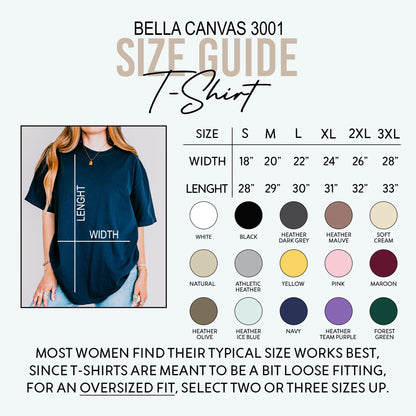 Size guide for Bella Canvas 3001 T-shirts. The guide shows width and length measurements in inches for sizes S to 3XL. Color options include white, black, heather grey, mauve, soft cream, and more. The text advises women to select two or three sizes up for an oversized fit.