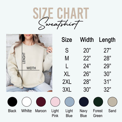 Size chart for a sweatshirt, with measurements in inches. The chart includes sizes S to 3XL, with corresponding width and length dimensions. Color options include black, white, maroon, light pink, light blue, navy blue, forest green, and sand.