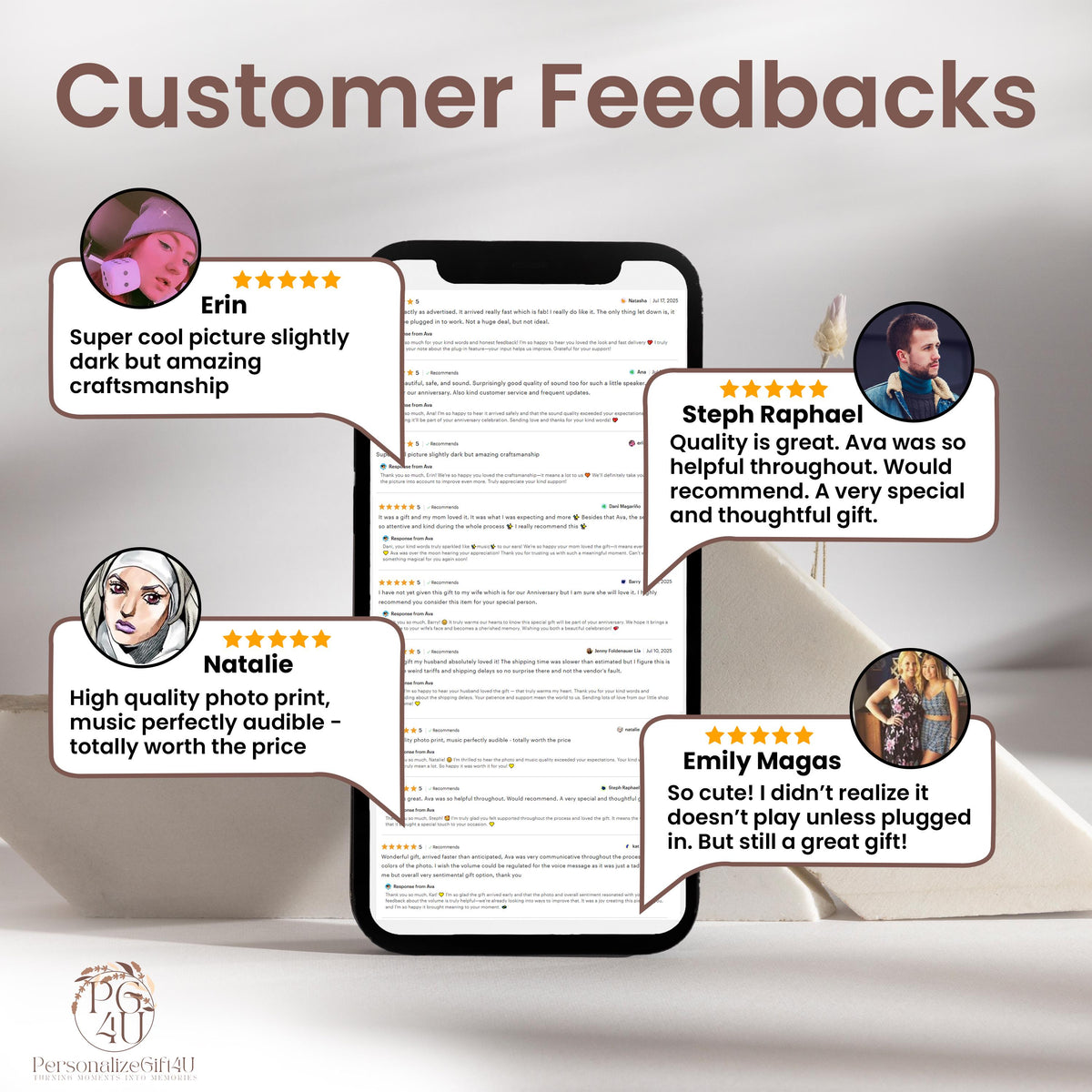 A smartphone screen displaying a list of customer reviews titled Customer Feedbacks. Four circular profile photos with speech bubbles contain five-star ratings and text from Erin, Steph Raphael, Natalie, and Emily Magas. The PG4U logo is visible.