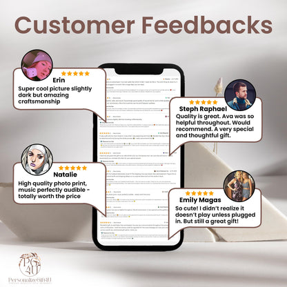 A smartphone screen displaying a list of customer reviews titled Customer Feedbacks. Four circular profile photos with speech bubbles contain five-star ratings and text from Erin, Steph Raphael, Natalie, and Emily Magas. The PG4U logo is visible.