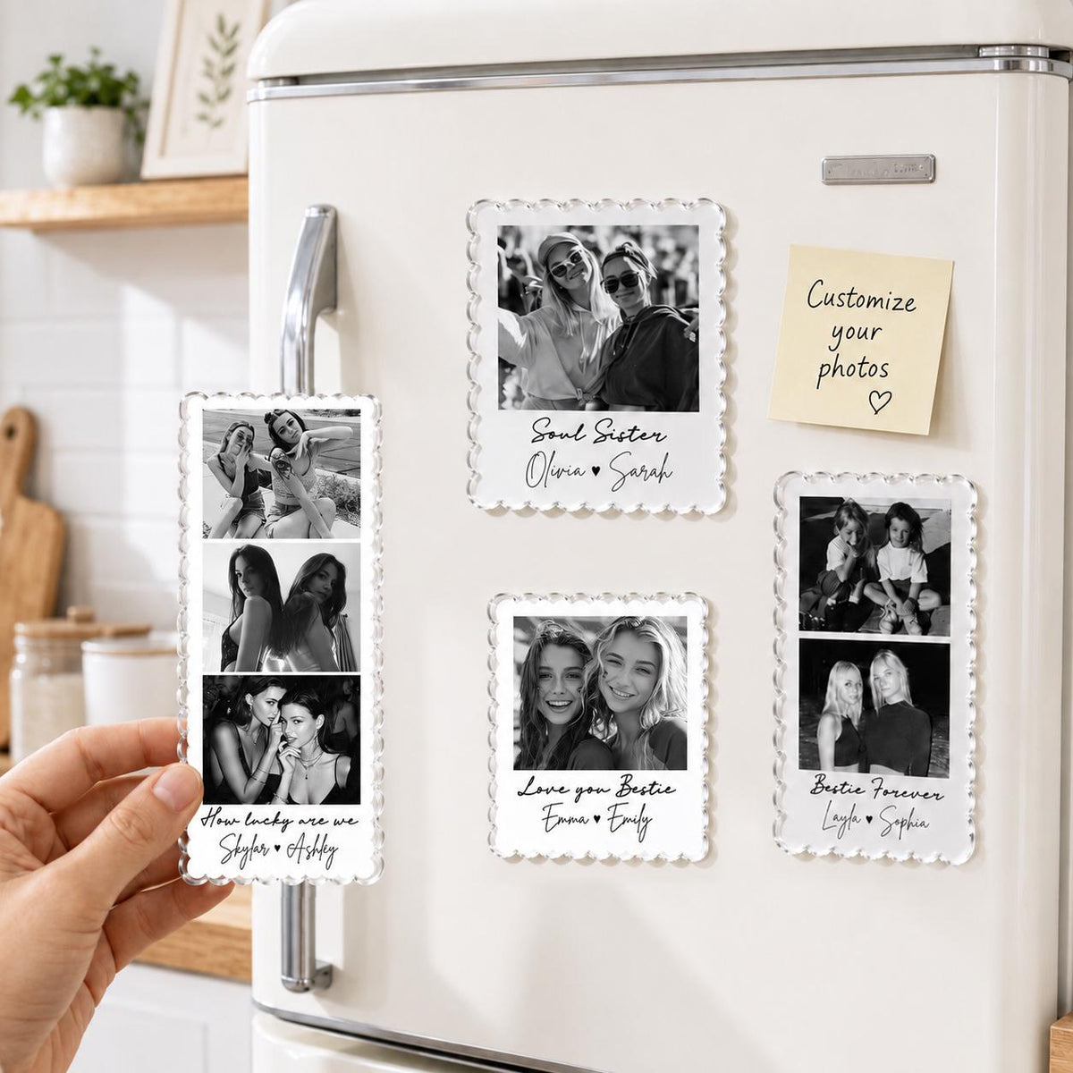 May include: Four clear acrylic photo magnets with scalloped edges, each featuring black and white photographs and custom text. The magnets display various layouts of portraits and candid shots with printed names and phrases like Soul Sister.