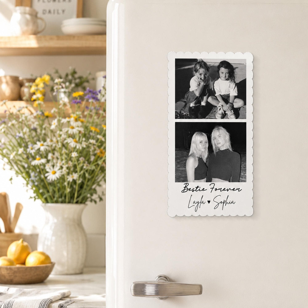 May include: A rectangular white magnet with scalloped edges featuring two black and white photographs stacked vertically. The text "Bestie Forever" is printed above the names "Layla" and "Sophia" separated by a small heart symbol.