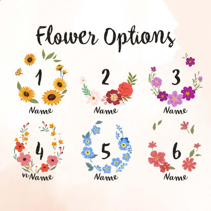 May include: An image with the text "Flower Options" above six floral designs. Each design is a semi-circle of flowers with a number and the word "Name" below. The flowers include sunflowers, roses, and other colorful blooms.