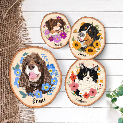 May include: Four wooden coasters with pet portraits. Each coaster features a different pet: a dog named Daisy, a dog named Duke, a dog named Remi, and a cat named Salem. Each pet is surrounded by colorful flowers and their name.