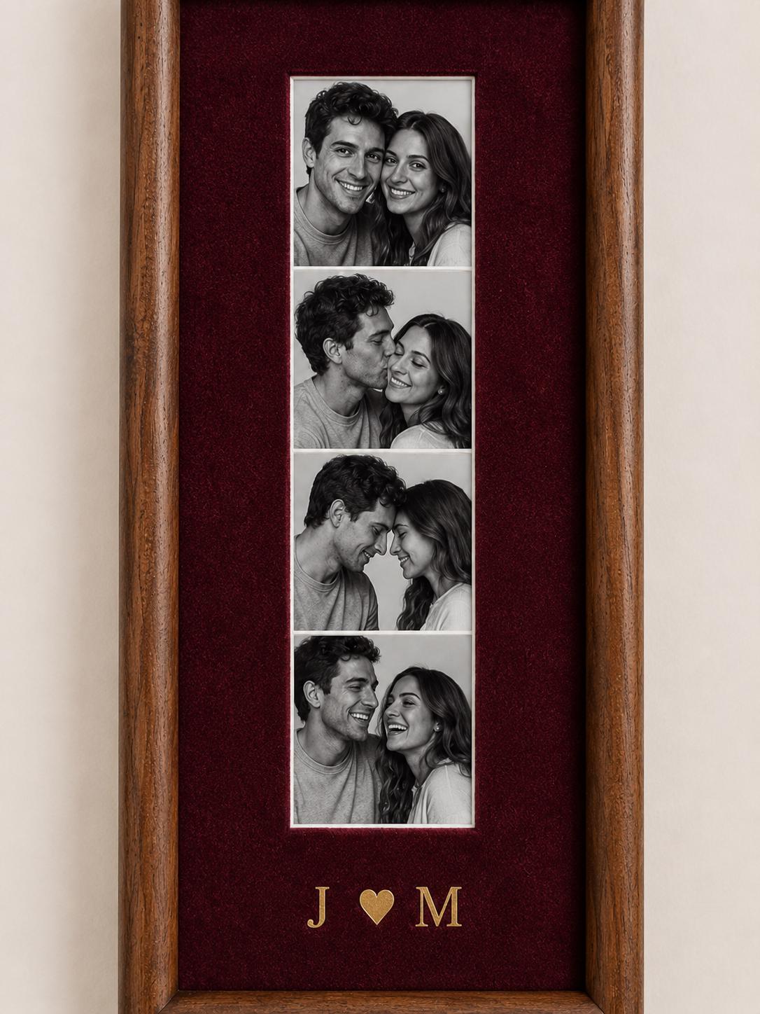 A vertical wooden picture frame with a deep red velvet mat containing four black and white photographs of a couple in various poses. Below the photos, the gold-colored letters J and M are separated by a small gold heart symbol.