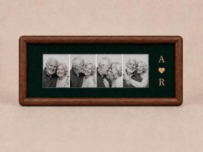 A rectangular wooden picture frame with a dark green velvet matting. The frame displays four black and white photographs of an older couple in various poses. To the right of the photos, the gold letters A and R flank a gold heart.