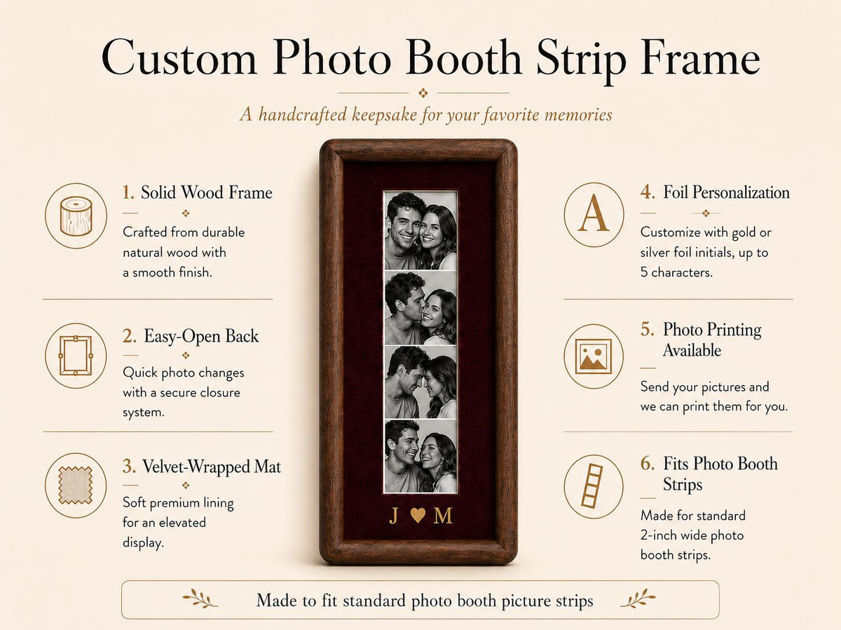 A rectangular dark wood photo booth strip frame featuring a deep red velvet mat and a vertical display for a four-panel photo strip. The frame includes gold foil initials J and M at the bottom and fits standard 2-inch wide photo strips.
