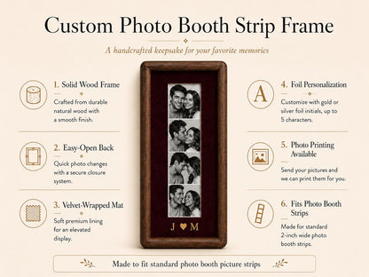 A rectangular dark wood photo booth strip frame featuring a deep red velvet mat and a vertical display for a four-panel photo strip. The frame includes gold foil initials J and M at the bottom and fits standard 2-inch wide photo strips.