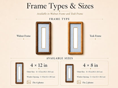 An informational graphic titled Frame Types & Sizes displaying a dark walnut frame and a lighter teak frame. The chart lists available sizes including 4 x 12 inches and 4 x 8 inches, with specific outer dimensions and window opening measurements.