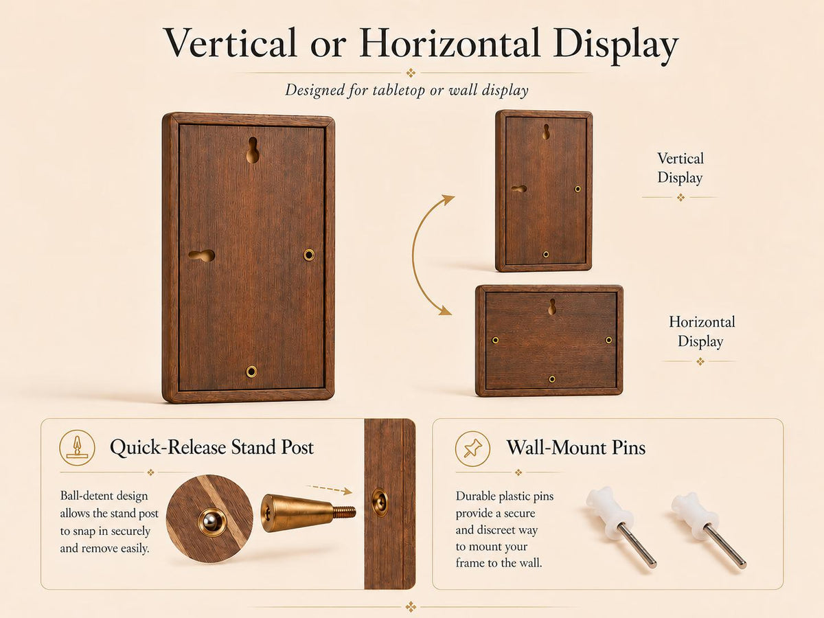 A rectangular brown wooden frame with keyhole slots for vertical or horizontal display. Includes a quick-release metal stand post with a ball-detent design and two white plastic wall-mount pins for secure mounting on a wall surface.