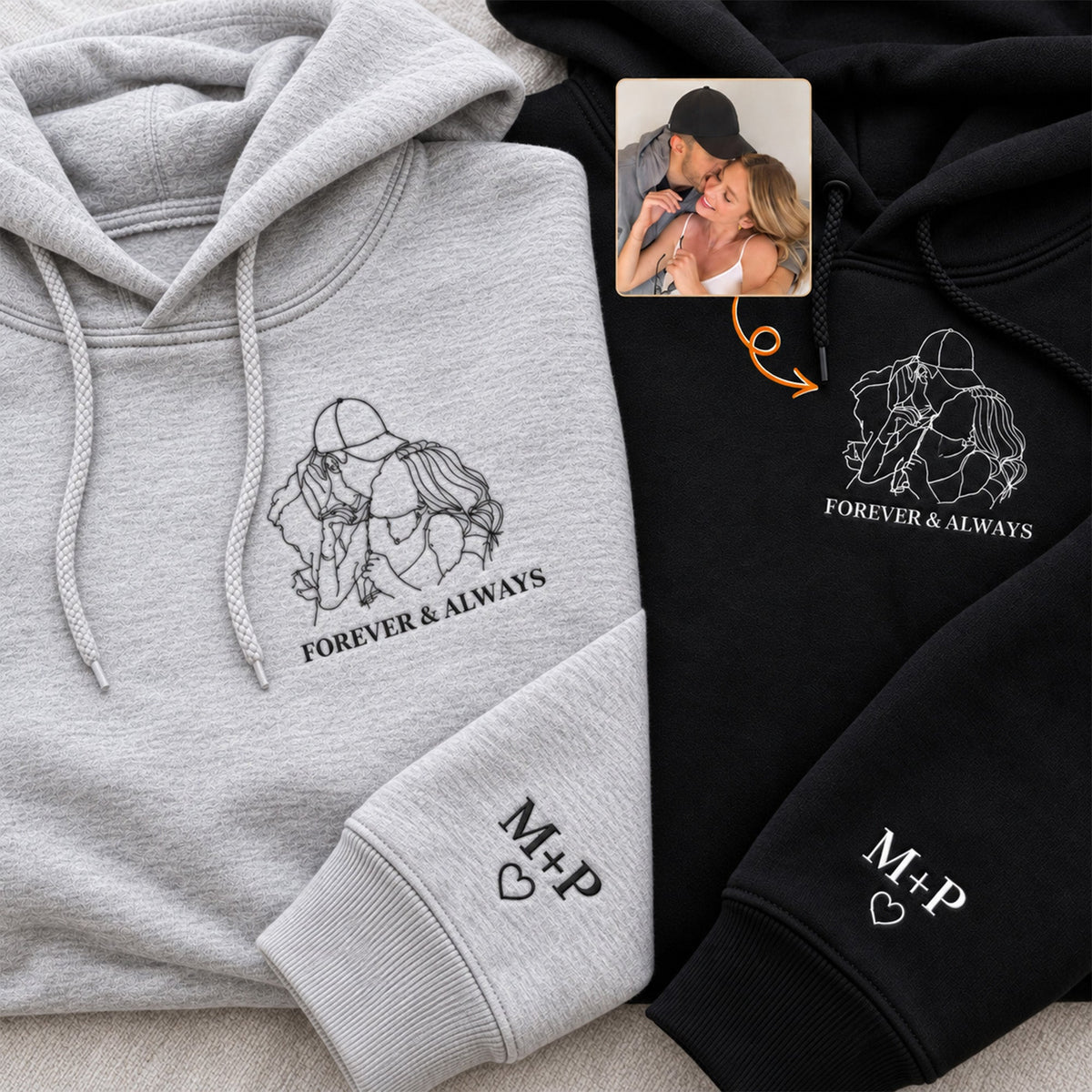 Couple Photo Line Art - Personalized Embroidered Shirt & Sweatshirt - Anniversary Gift For Couples
