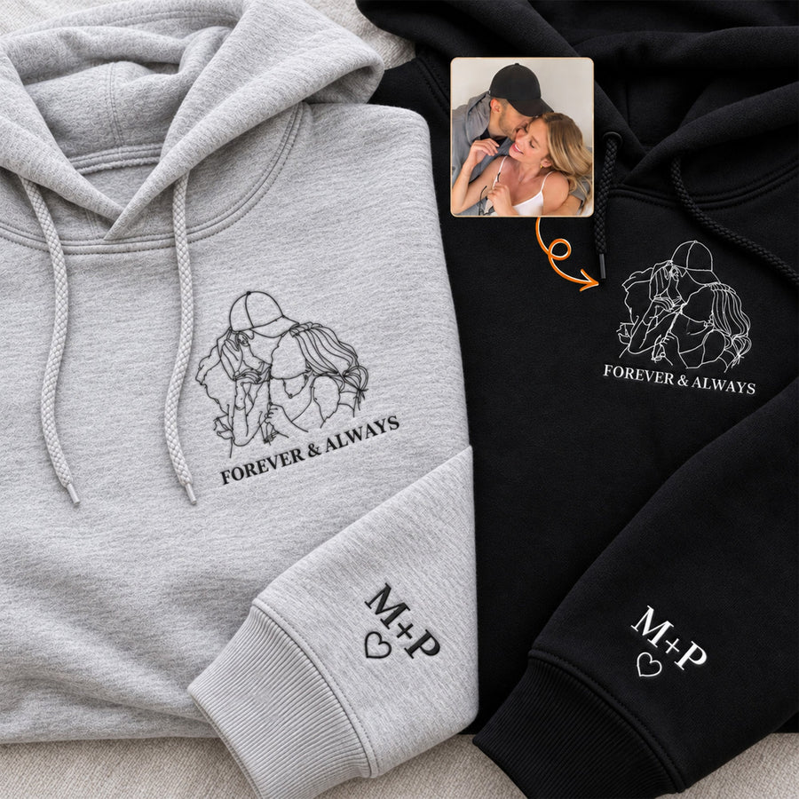 Couple Photo Line Art - Personalized Embroidered Shirt & Sweatshirt - Anniversary Gift For Couples