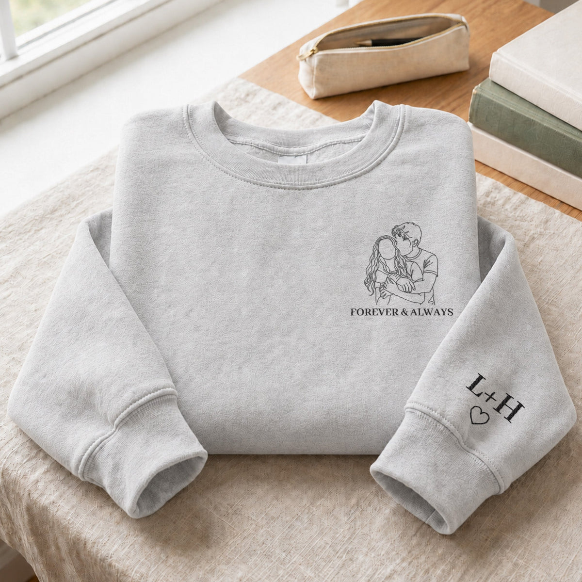Couple Photo Line Art - Personalized Embroidered Shirt & Sweatshirt - Anniversary Gift For Couples