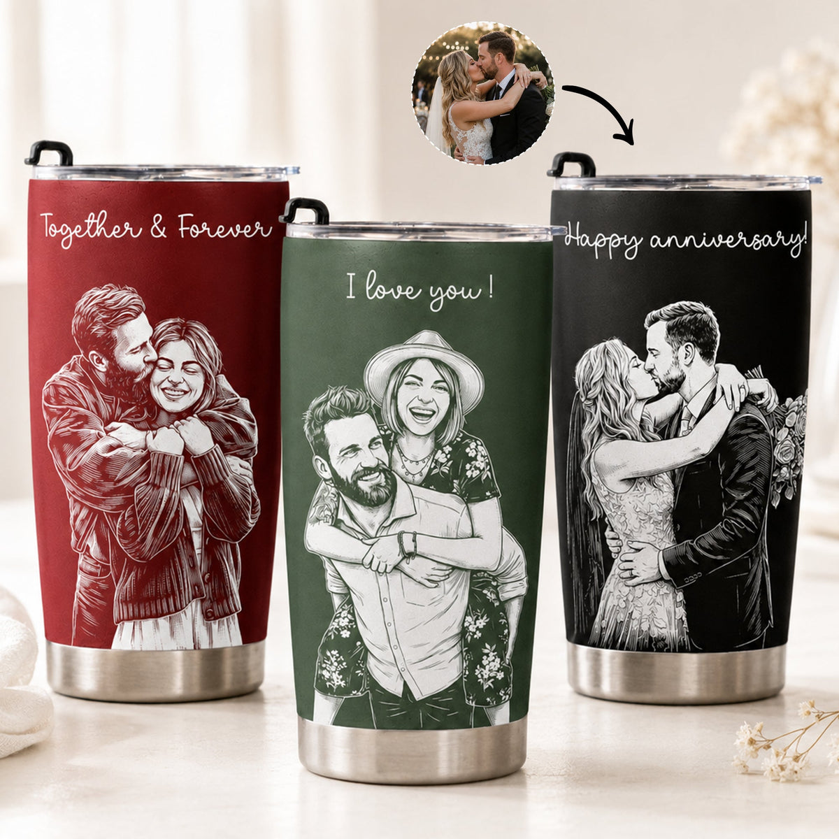 Couple Photo Sketch Line Art - Personalized Tumbler Cup - Anniversary Gift For Him & Her
