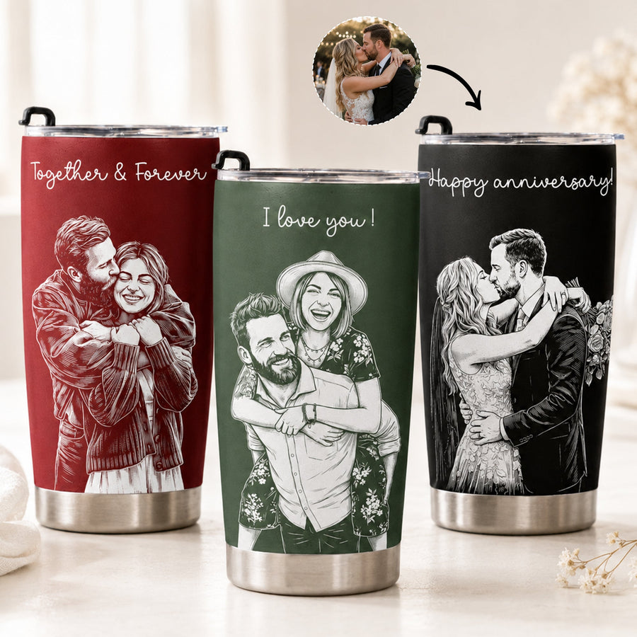 Couple Photo Sketch Line Art - Personalized Tumbler Cup - Anniversary Gift For Him & Her