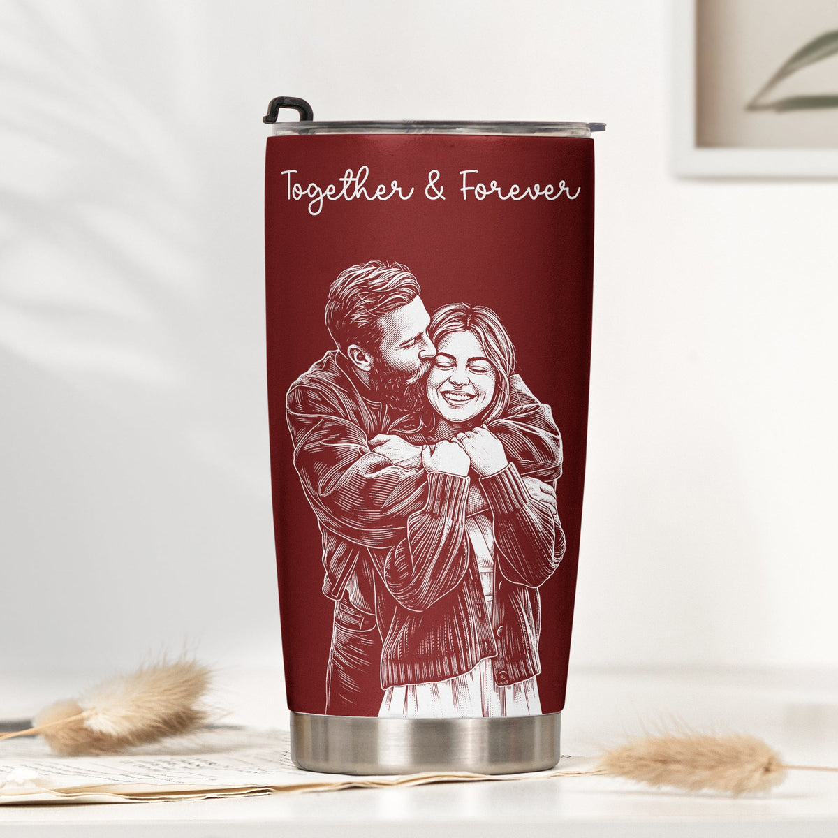 Couple Photo Sketch Line Art - Personalized Tumbler Cup - Anniversary Gift For Him & Her