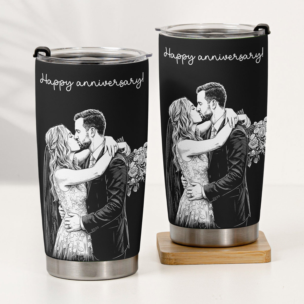 Couple Photo Sketch Line Art - Personalized Tumbler Cup - Anniversary Gift For Him & Her