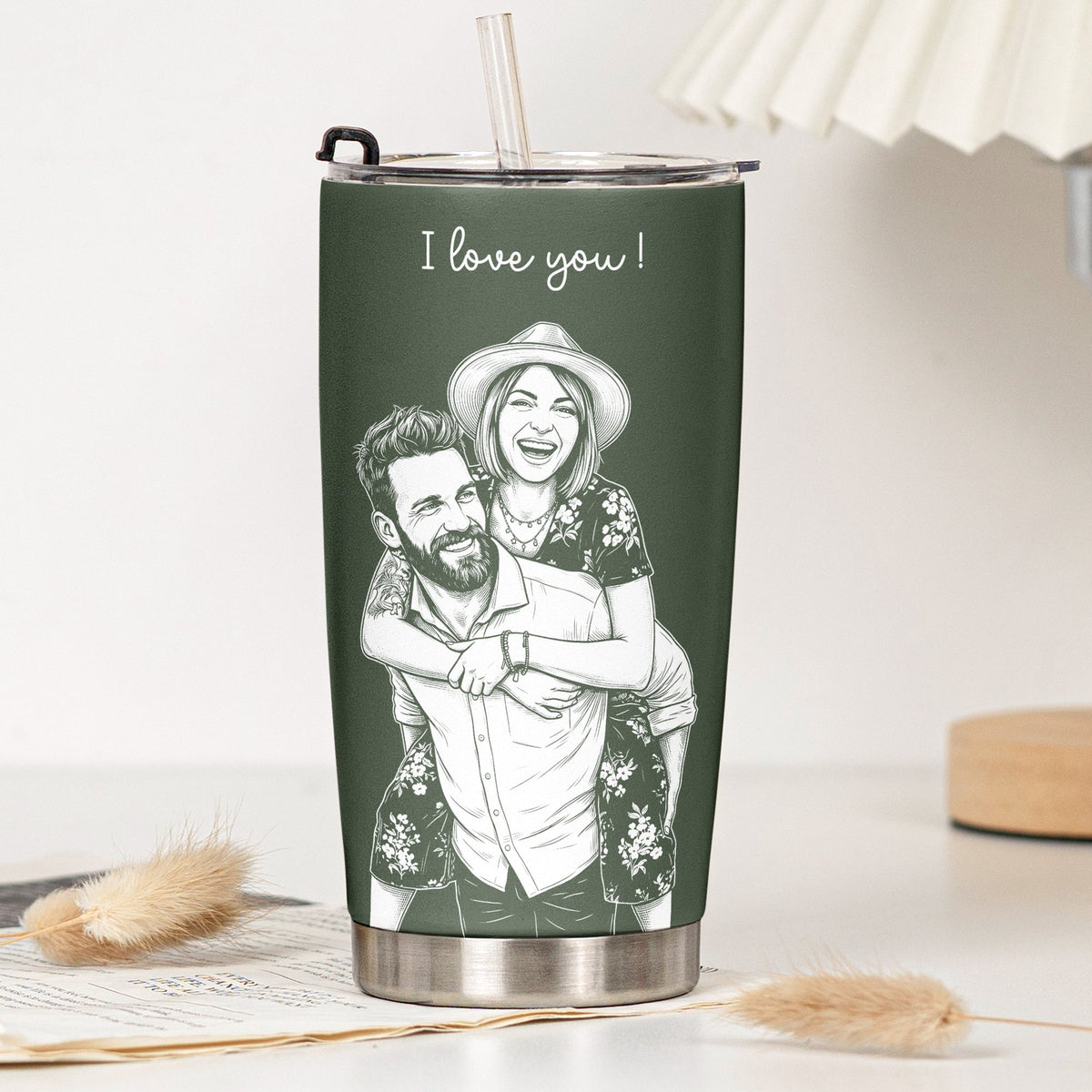 Couple Photo Sketch Line Art - Personalized Tumbler Cup - Anniversary Gift For Him & Her