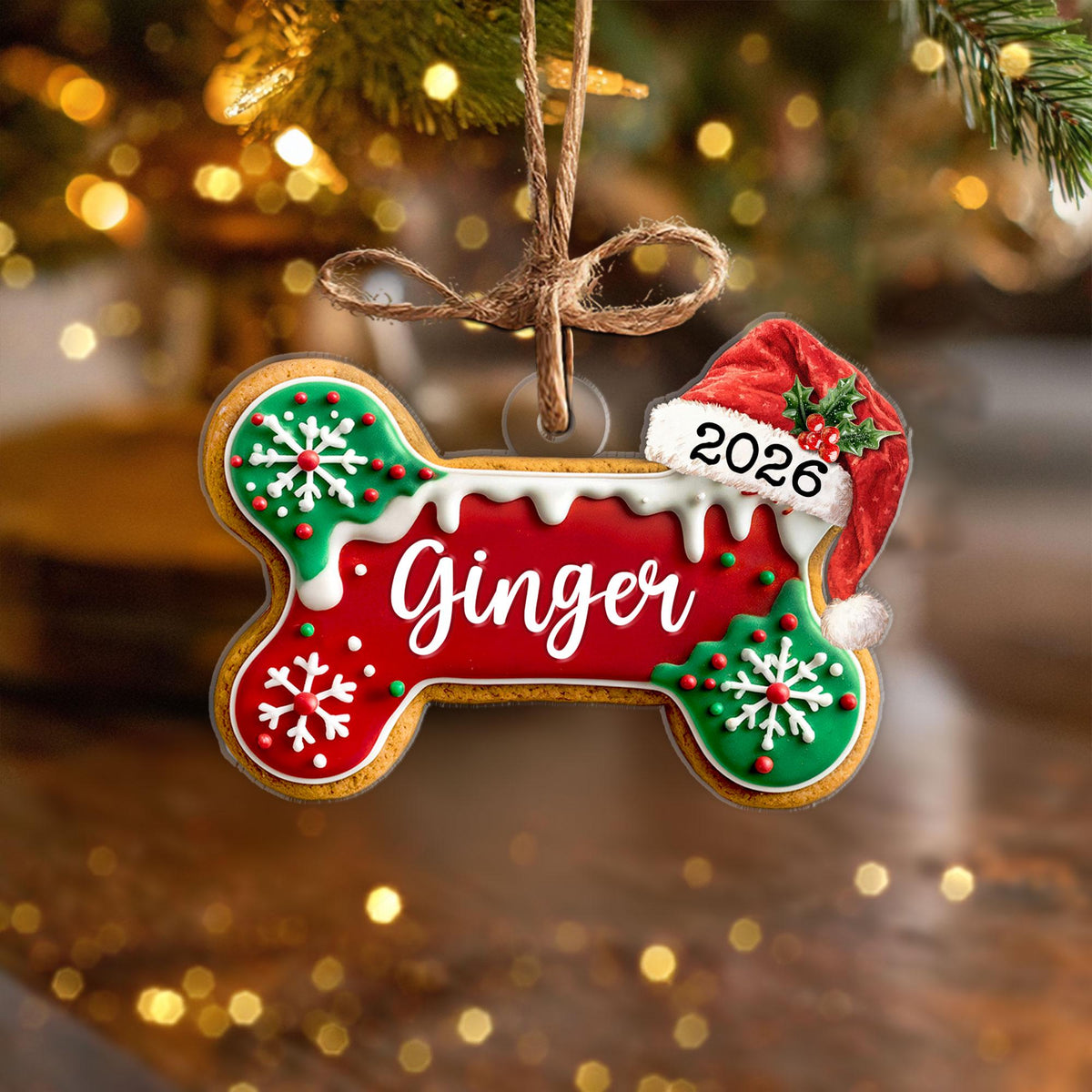May include: A bone-shaped Christmas ornament featuring a red center with the name Ginger in white script, green ends with white snowflake icing, white icing drips, and a red Santa hat with the year 2026, all suspended by a brown twine loop.