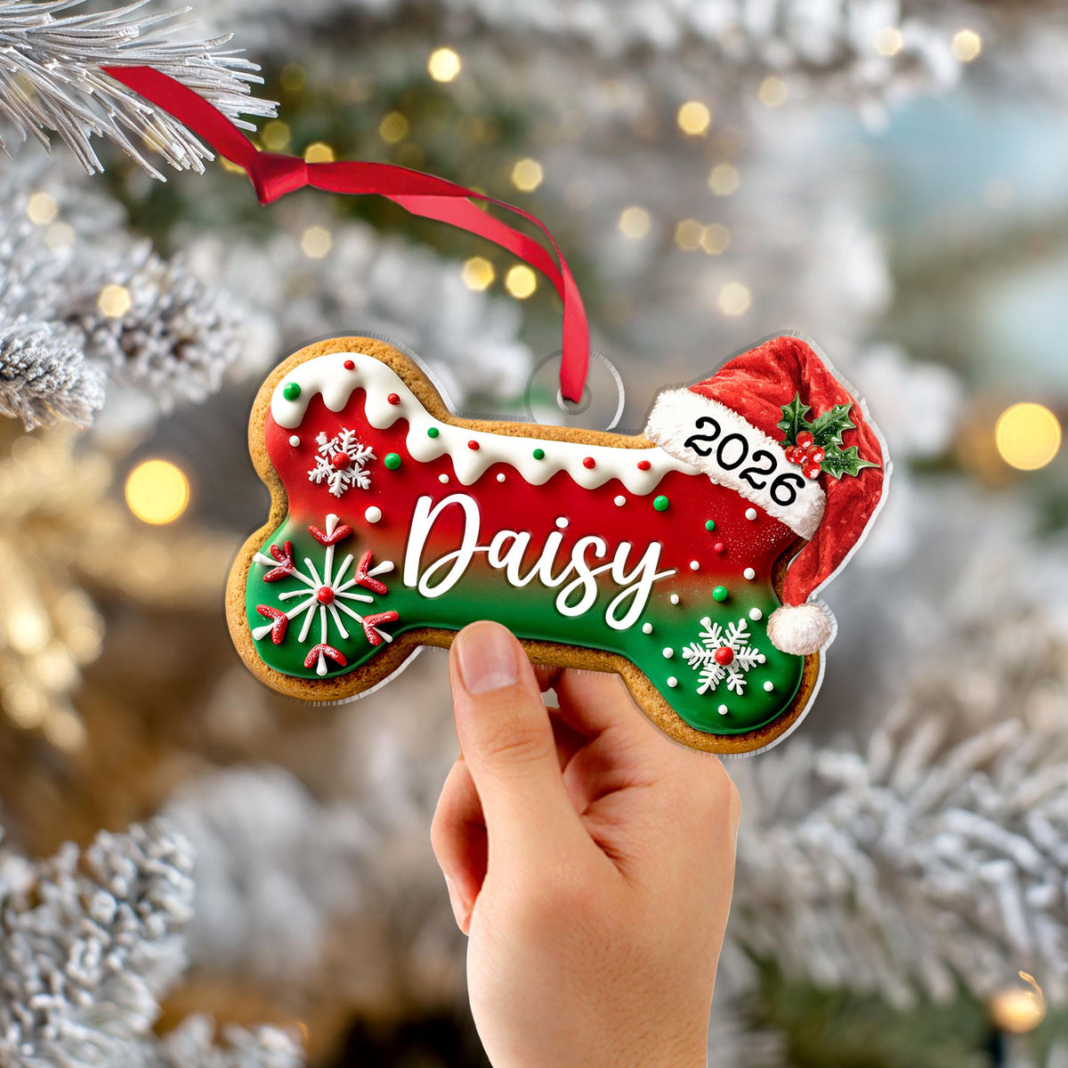 May include: A bone-shaped Christmas ornament featuring a red and green gradient with white icing details, snowflakes, and a Santa hat. The name Daisy is printed in white script, and the year 2026 is visible on the hat. A red ribbon is attached.