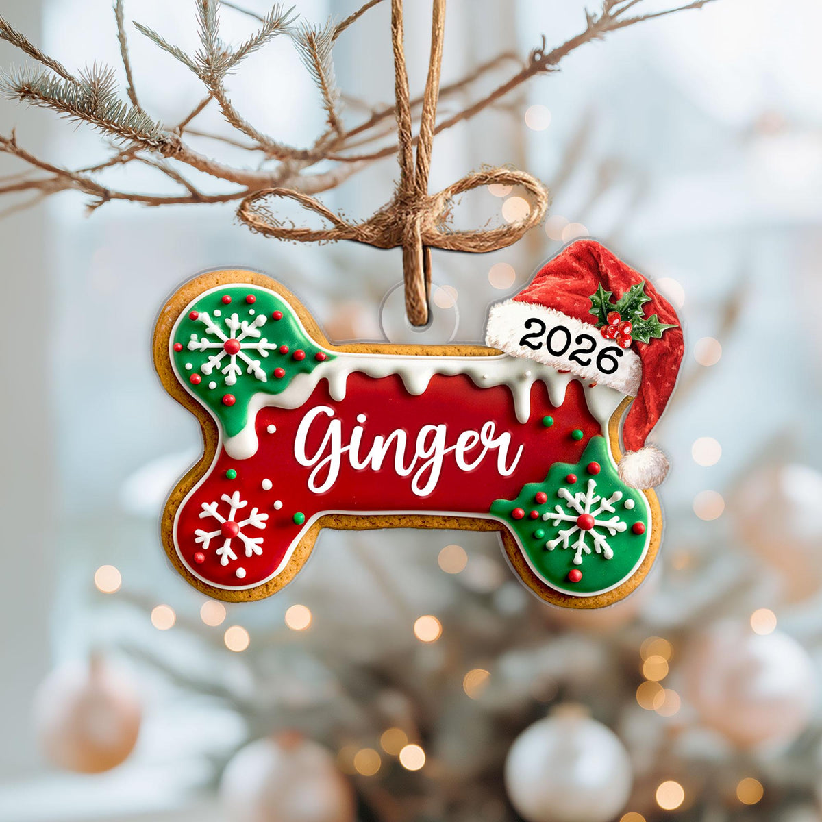 May include: A bone-shaped Christmas ornament featuring a red center with the name Ginger in white script, green ends with white snowflake designs, white icing details, and a red Santa hat with the year 2026 printed on the brim, hanging by twine.